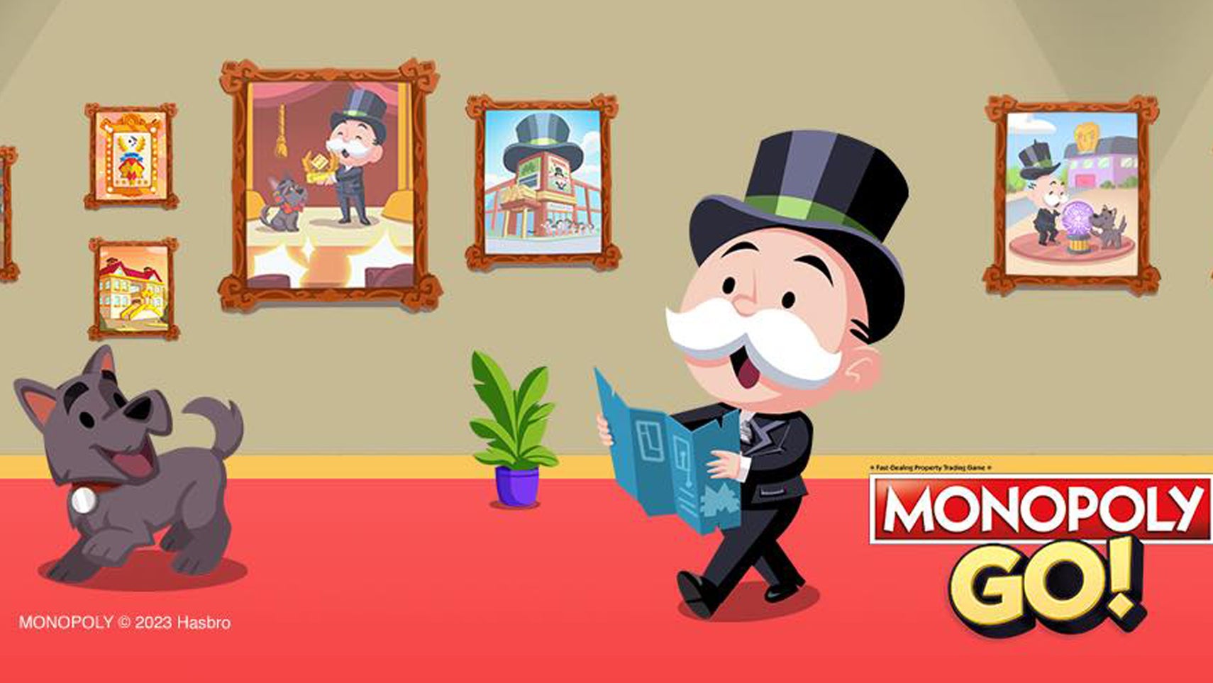 Monopoly Go artwork showing the Monopoly mascot with his pet dog walking along a corridor, which has framed pictures of the mascot. - 1