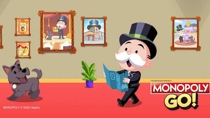Monopoly Go artwork showing the Monopoly mascot with his pet dog walking along a corridor, which has framed pictures of the mascot.
