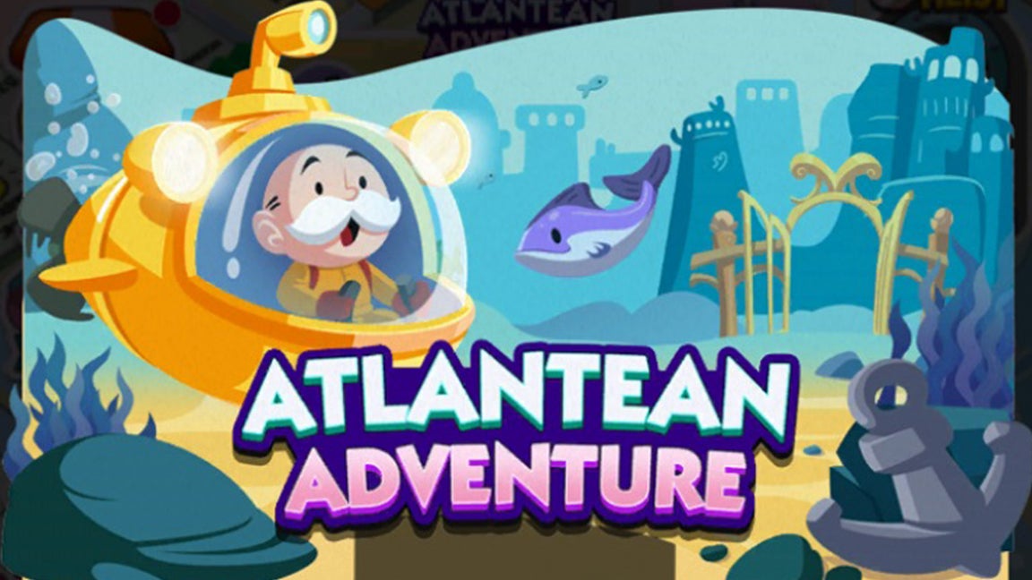 Monopoly Go artwork for the Atlantean Adventure event, showing the Monopoly mascot piloting a submarine underwater. - 1