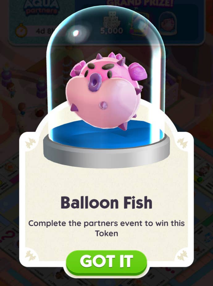The Monopoly GO fish token, which players can win as a prize for competing in the Aqua Partners event.