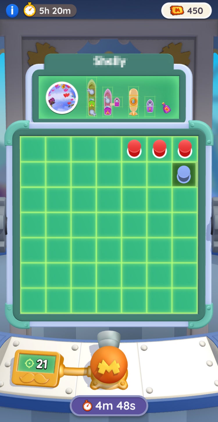 The UI for the Monopoly Go Battleship mini-game, which shows a seven by seven grid. Players have to hit each square on the grid at a time to try and uncover the opponent's battleships, but they only have a limited amount of shots and time to do so. - 9