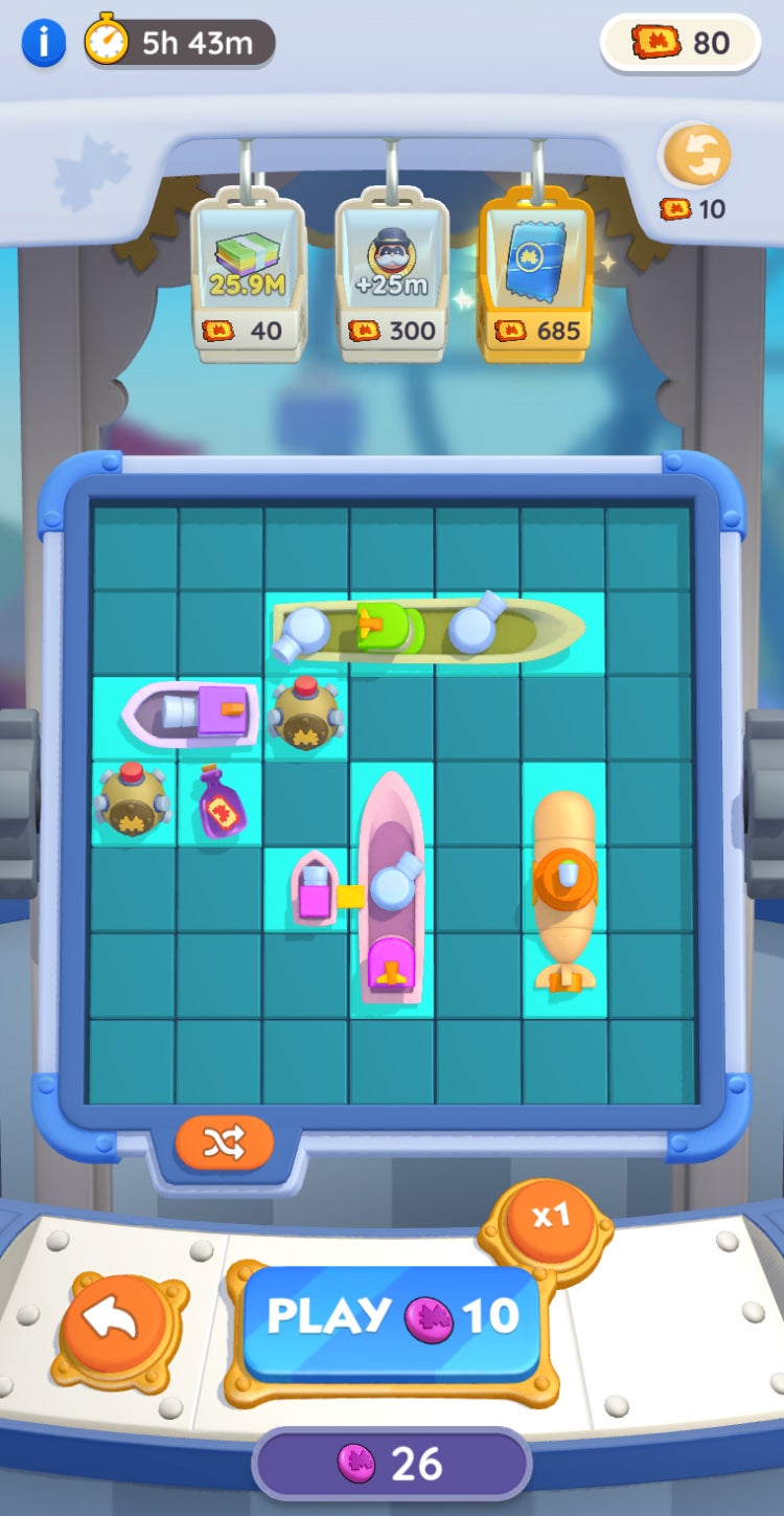 A UI for the Monopoly Go Battleship mini-game, which lets players place their ships on a seven by seven grid before a match starts. - 8