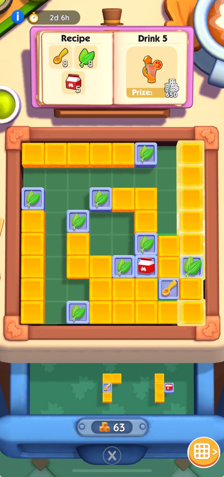 A level in the Monopoly Go Blocks Boutique event, which features a Tetris-style mini-game where players have to place blocks and clears rows and columns on an eight by eight grid. - 3