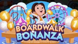 Artwork for the Monopoly Go Boardwalk Bonanza event showing a cartoon-style character in front on a ferris wheel and a roller coaster.