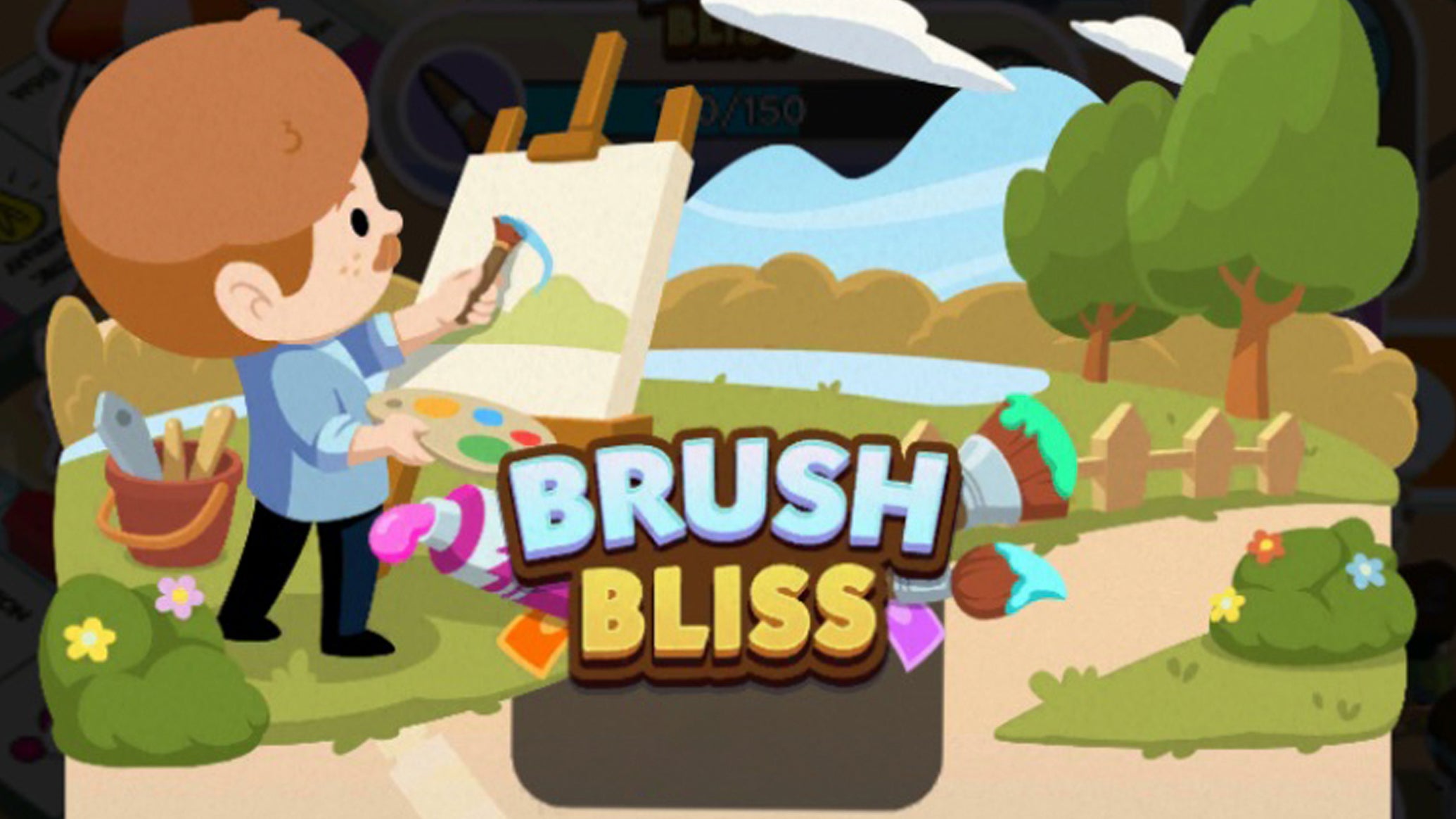Artwork for the Monopoly Go Brush Bliss event showing a character painting a picture of a scenic view. - 1