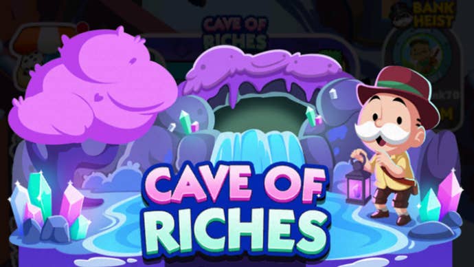 Artwork for the Monopoly Go Cave Of Riches event, showing the Monopoly mascot inside a cave with a lake.