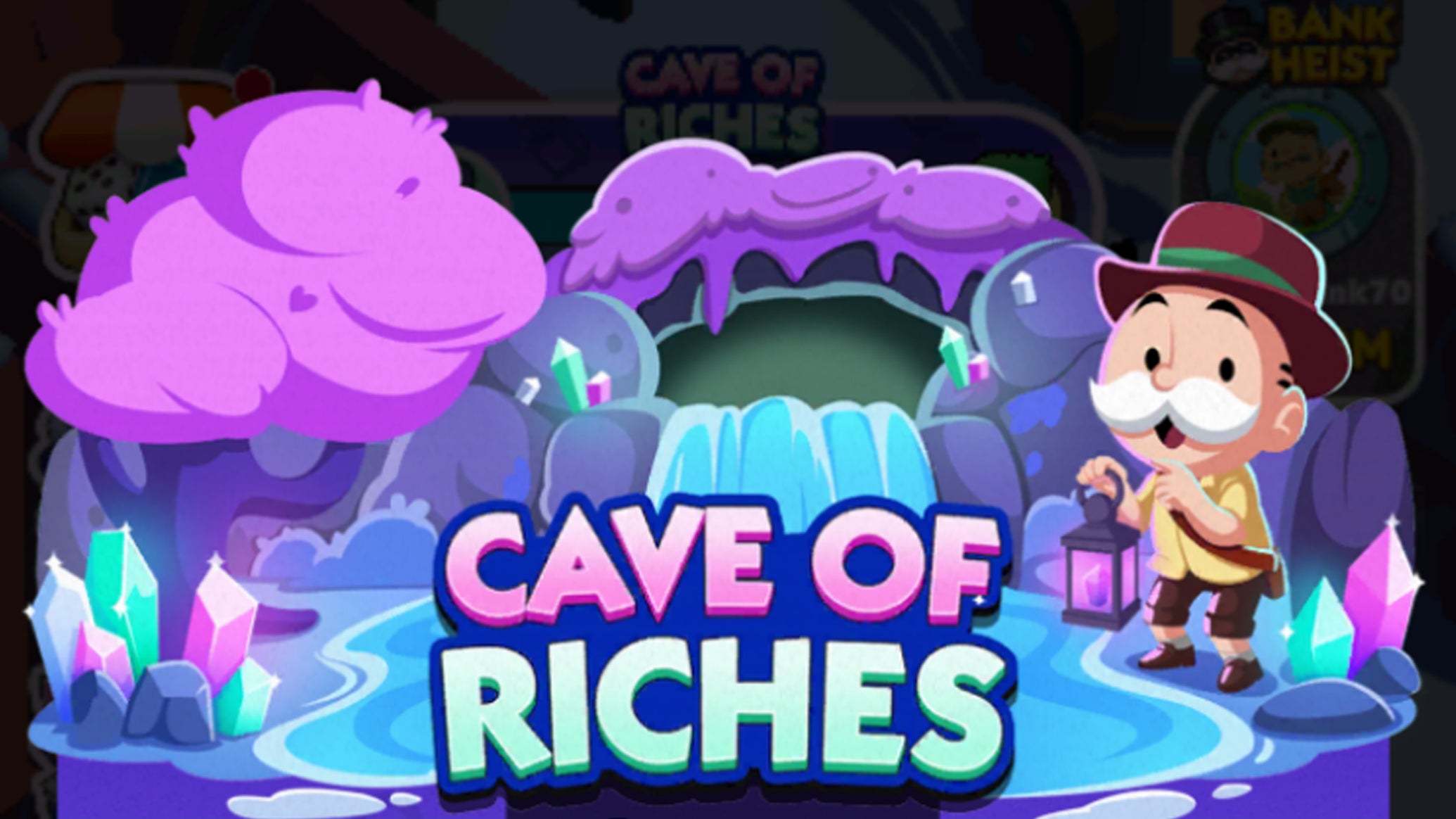 Artwork for the Monopoly Go Cave Of Riches event, showing the Monopoly mascot inside a cave with a lake. - 1