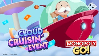 Artwork for the Monopoly Go Cloud Cruisin event, showing the Monopoly mascot flying a spaceship.