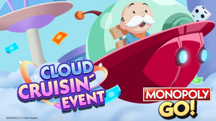 Artwork for the Monopoly Go Cloud Cruisin event, showing the Monopoly mascot flying a spaceship.