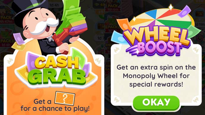Monopoly Go menu screens for the mobile game's Cash Grab and Wheel Boost limited-time events.