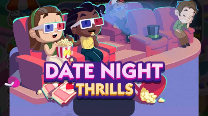 Monopoly Go artwork for the Date Night Thrills event showing a couple in a cinema eating some popcorn.