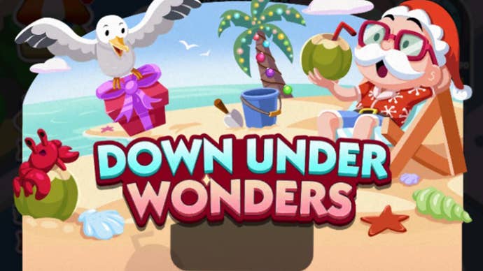 Artwork for the Monopoly Go Down Under Wonders event, showing the Monopoly mascot relaxing on a beach.