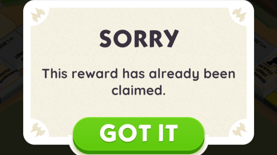 An error message that appears in Monopoly Go saying a reward cannot be claimed. - 4