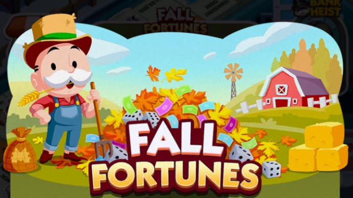 Artwork for the Monopoly Go Fall Fortunes event, showing the Monopoly mascot on a farm.