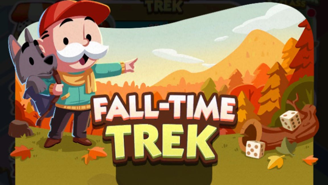 Artwork for the Monopoly Go Fall-Time Trek event showing the Monopoly mascot walking with his dog Scottie through a forest with autumnal, golden leaves. - 1