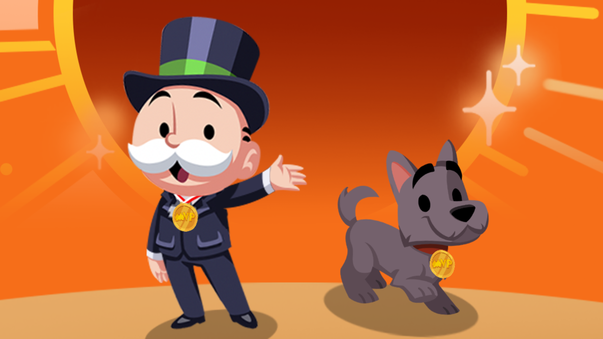 Mr Monopoly and his Scottie Dog waving from a stage. - 1