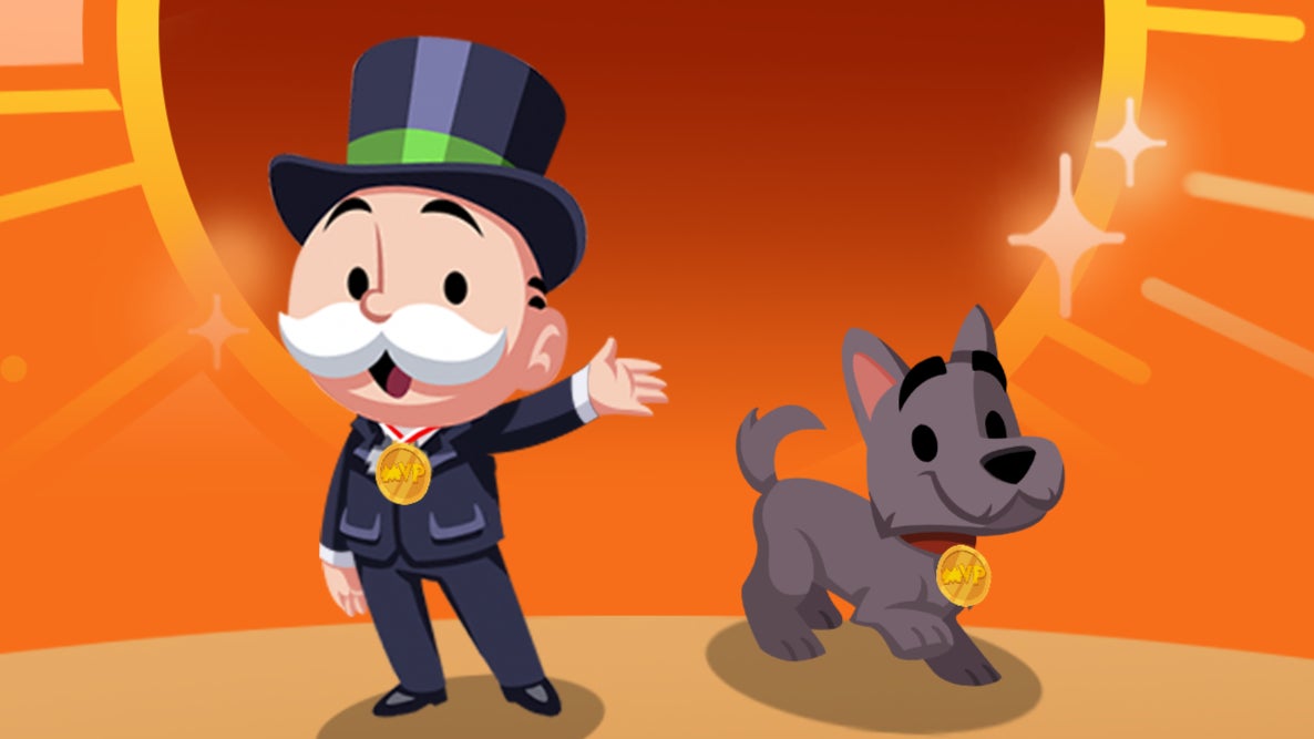 Mr Monopoly and his Scottie Dog waving from a stage. - 1