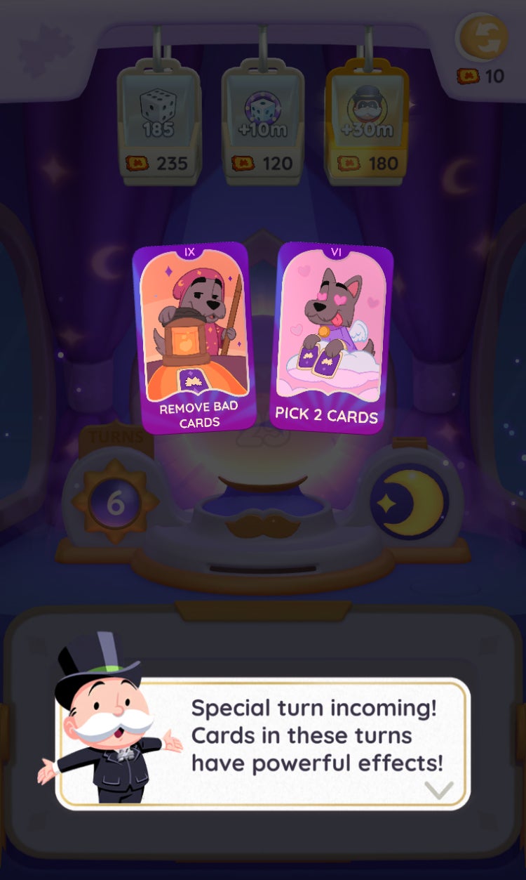 A menu screen explaining how the special cards work in the Monopoly Go Fortune Flip mini-game. - 7