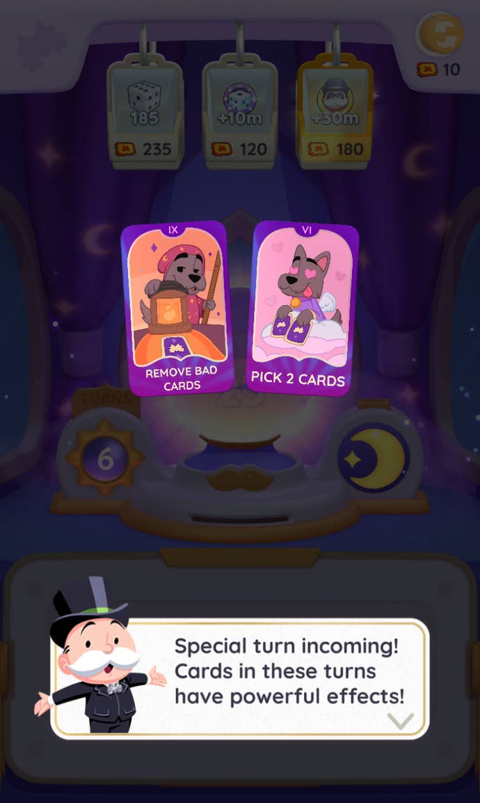 A menu screen explaining how the special cards work in the Monopoly Go Fortune Flip mini-game.