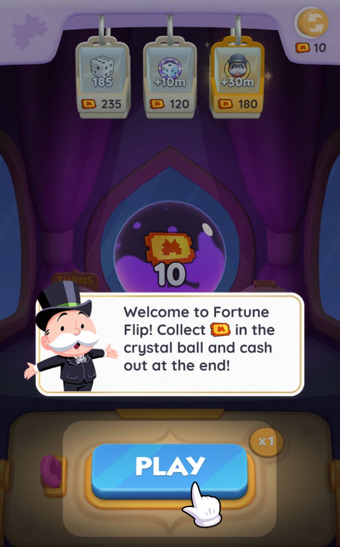 The user interface for Fortune Flip, which is a card-based mini-game in the popular mobile app Monopoly Go.