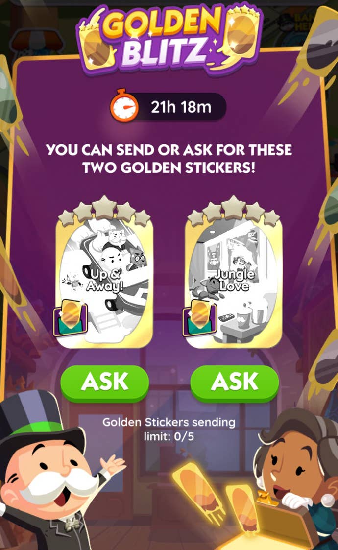 Monopoly Go menu screen showing the stickers that can be traded during the Golden Blitz event that launched on 29 April 2025.