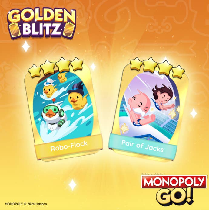 Monopoly Go artwork showing stickers that could be traded on the Golden Blitz event that launched August 7th 2024.
