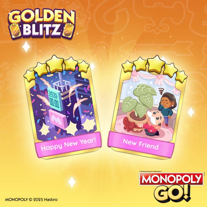 Monopoly Go artwork showing the stickers that could be traded during the Golden Blitz event that launched on January 12 2025.
