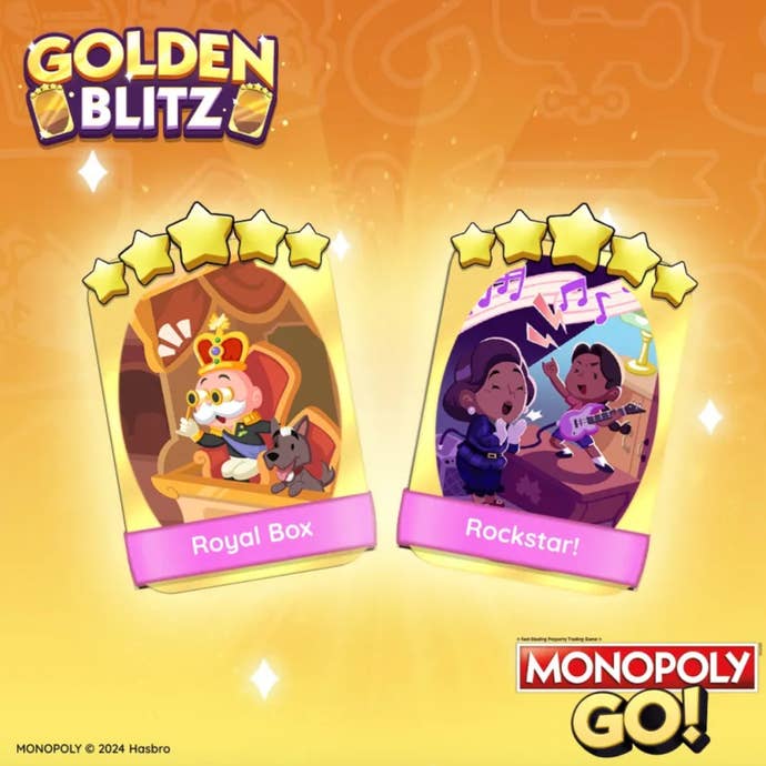 Monopoly Go artwork showing stickers that could be traded in the Golden Blitz event that launches on June 17th 2024.