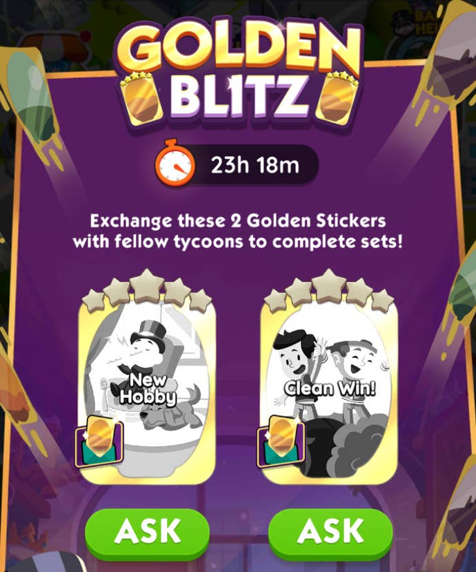 Monopoly Go in-game user interface, showing the Golden Blitz event for May 17 2024 and the stickers than can be traded.