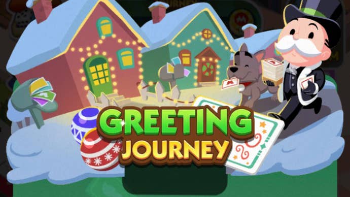 Artwork for the Monopoly Go Greeting Journey event, showing the Monopoly mascot by some houses with Christmas lights.