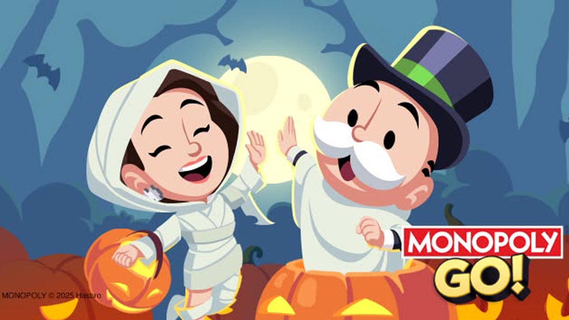 Artwork for the Monopoly Go Halloween Partners event, showing the Monopoly mascot wearing a white cape and high-fiving another, smiling character that's dressed as an Egyptian mummy. - 1