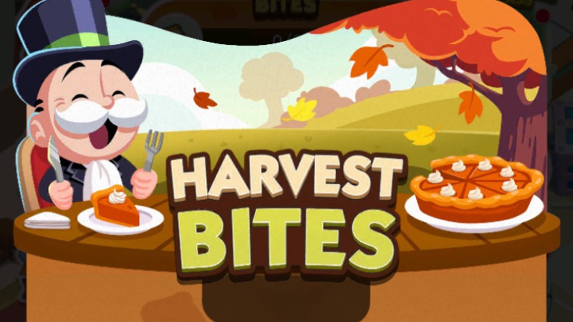 Artwork for the Monopoly Go Harvest Bites event, showing the Monopoly mascot sitting at a picnic table eating a slice of pumpkin pie. - 1