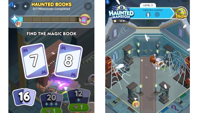 Monopoly Go user interfaces showing the card-based minigame associated with the Haunted Mansion event and the objectives for one of the event levels.