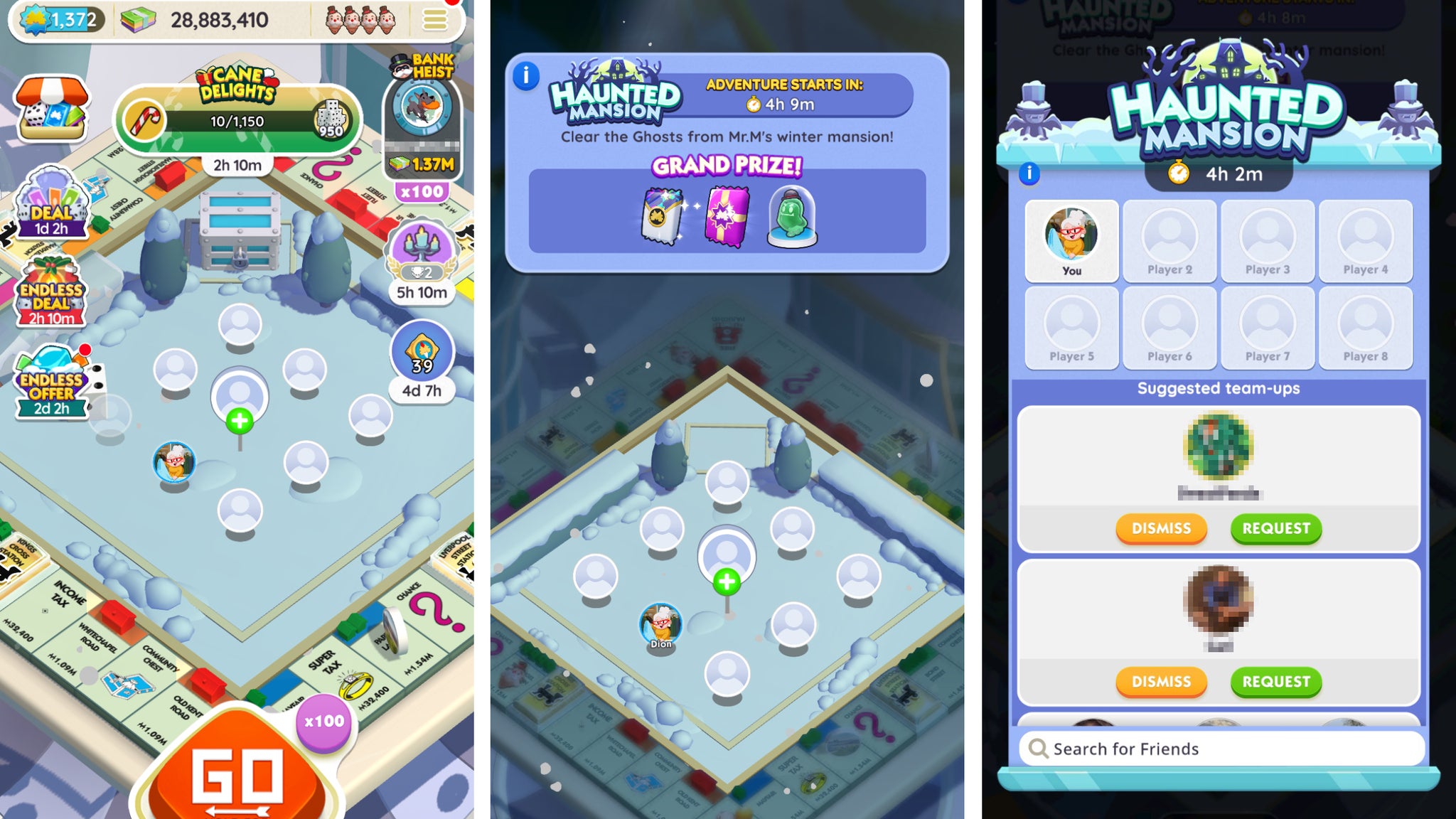 Monopoly Go user interfaces showing how to form a team for the Haunted Mansion event. - 3