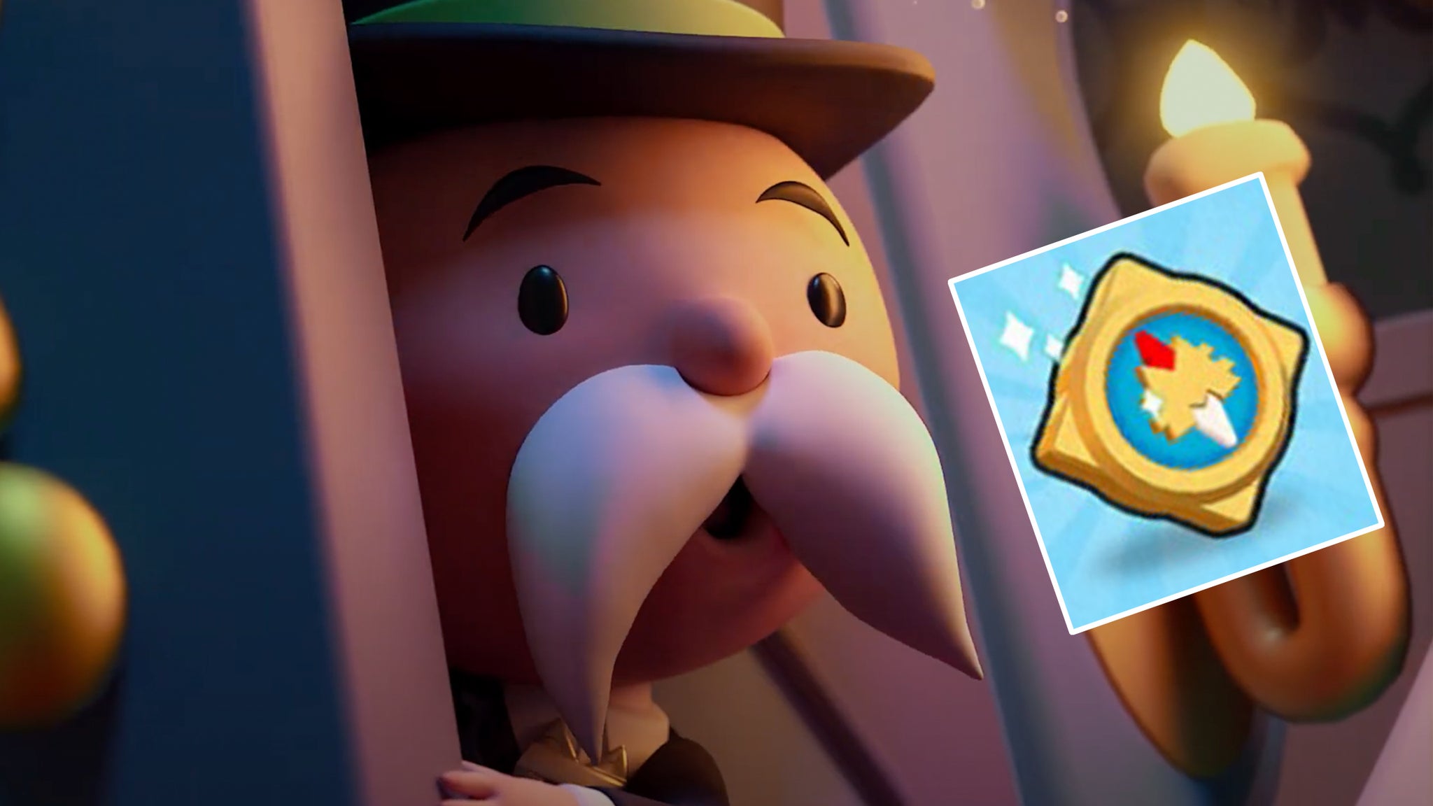 The Monopoly Go mascot alongside the token players need to collect for the Haunted Mansion event. - 4