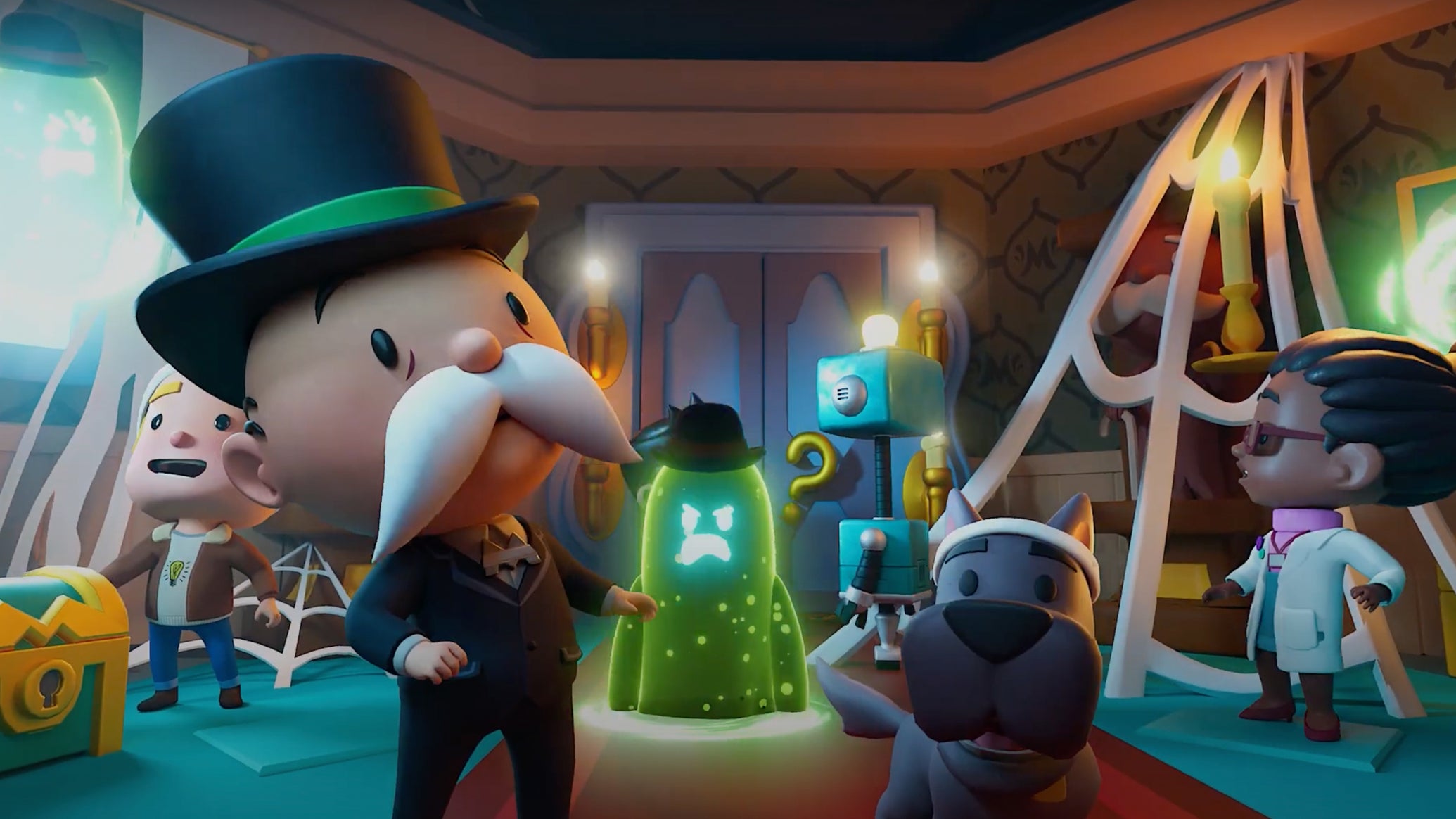 Monopoly characters, including the Monopoly mascot and his dog Scottie, in a mansion with a cute ghost appearing. - 1