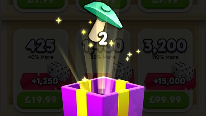 A pickaxe hammer coming out of a present box in Monopoly Go.