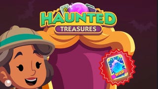 A Monopoly Go character looking at a wildcard sticker pick inside a bubble underneath a Haunted Treasures logo.