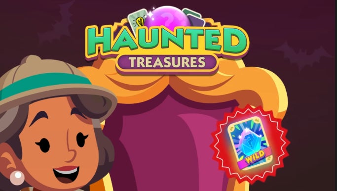 A Monopoly Go character looking at a wildcard sticker pick inside a bubble underneath a Haunted Treasures logo. - 1