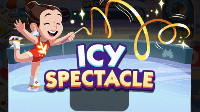 Artwork for the Monopoly Go Icy Spectacle event, showing a female ice skater on the rink.