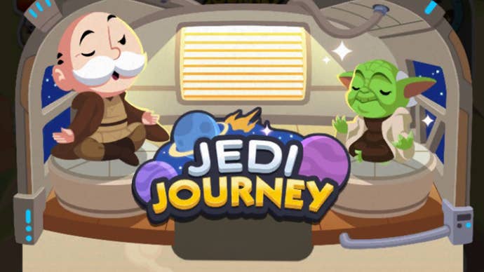 Monopoly Go artwork for the Jedi Journey event, showing the Monopoly mascot in a Jedi outfit next t Yoda.