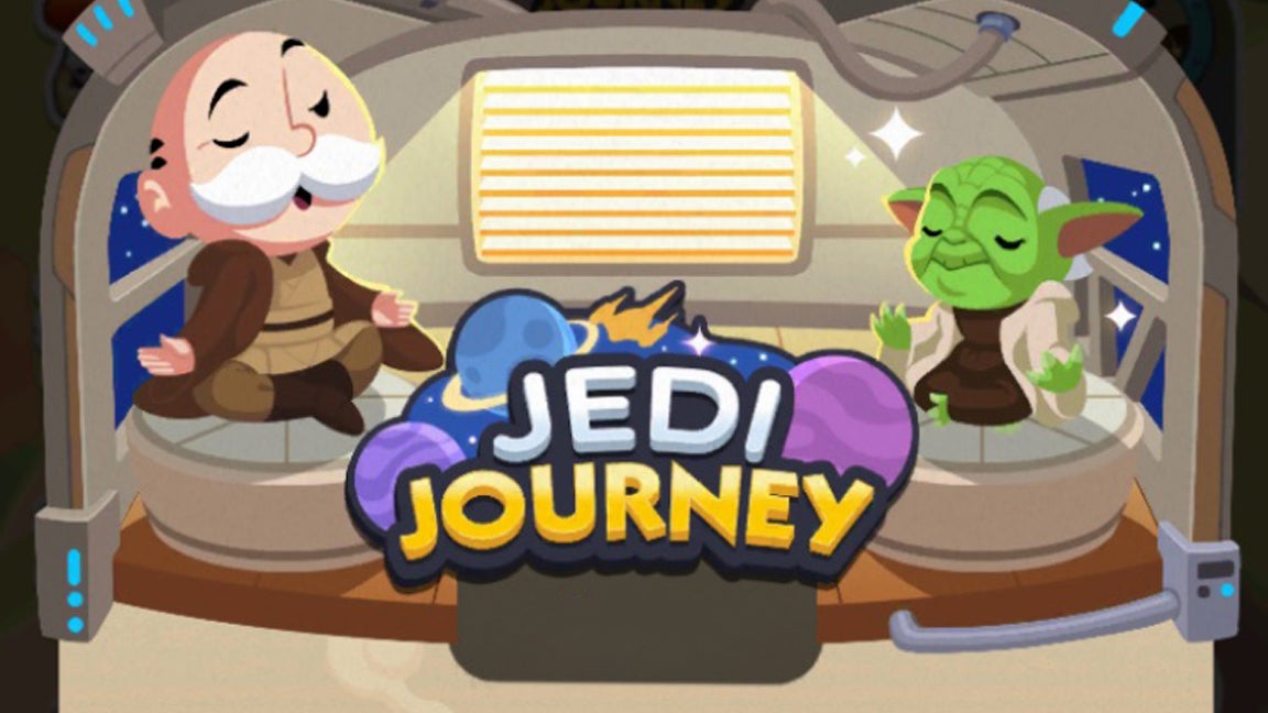 Monopoly Go artwork for the Jedi Journey event, showing the Monopoly mascot in a Jedi outfit next t Yoda. - 1