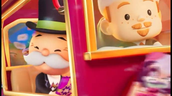 The Monopoly Man riding on a Christmas-themed train while holding a pack of stickers.