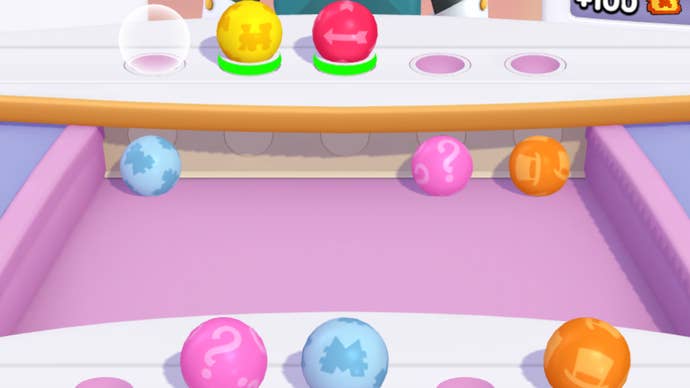 An incomplete sequence of coloured balls in the Juggle Jam mini-game in Monopoly Go.