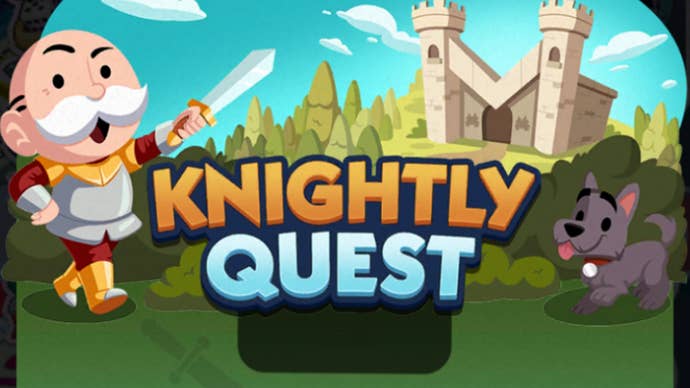 Artwork for the Monopoly Go Knightly Quest event, showing the Monopoly mascot wearing armor and holding a sword.