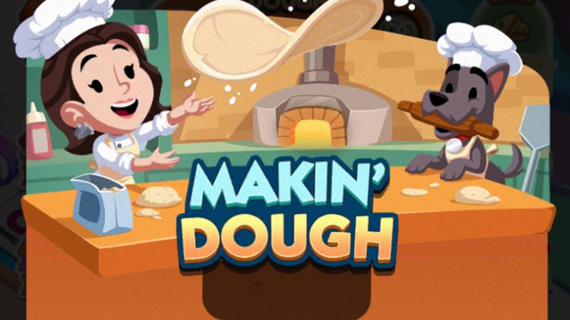 Artwork for the Monopoly Go Makin' Dough event showing a female character throwing pizza dough in the air, while the Monopoly mascot's dog Scottie, who is wearing a chef's hat, watches on. - 1