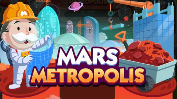 Artwork for the Monopoly Go Mars Metropolis event, showing the Monopoly mascot wearing a spacesuit next to a container full of red rocks.