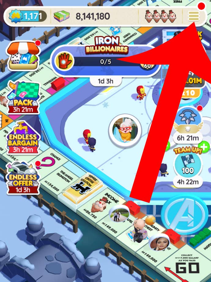 An arrow pointing to the menu button in Monopoly Go.