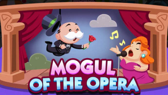 Artwork for the Monopoly Go Mogul Of The Opera event, showing the Monopoly mascot giving a red rose to an opera singer.