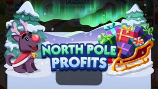 Artwork for the Monopoly Go North Pole Profits event, showing the Monopoly mascot's dog Scottie in a Christmas outfit next to a sleigh.